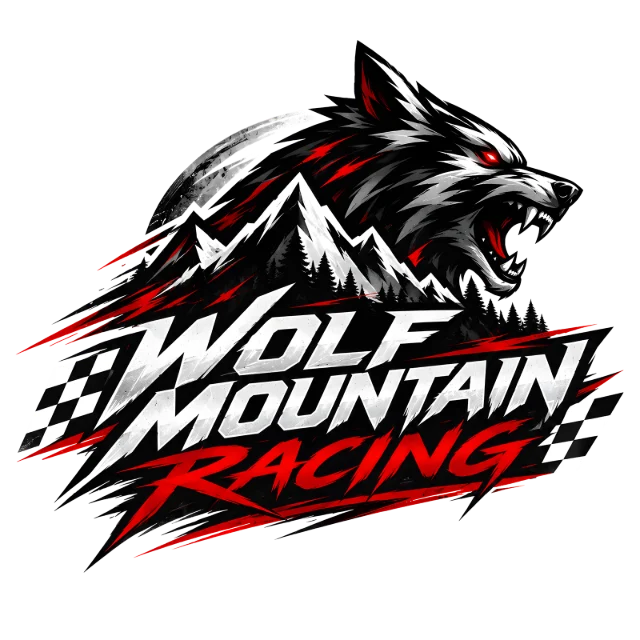 Wappen von WolfMountain Racing: Wolf, Berge und Zielflagge